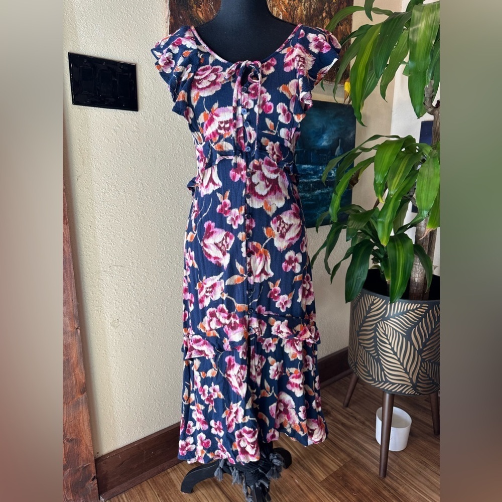 Band Of Gypsie Boho Floral Maxi Dress XS Navy Pink 100% Viscose Resort Coastal - Picture 5 of 15